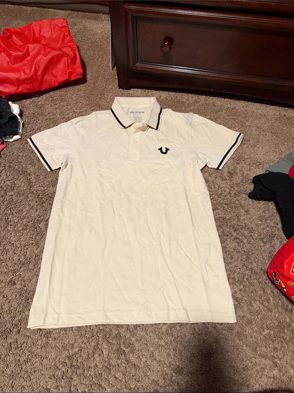 Men True Religion Cream Polo with Black Trim and Logo